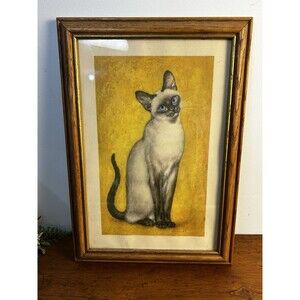 Vintage MCM Siamese Cat Print by Girard Blue Eyes Yellow Background Framed
